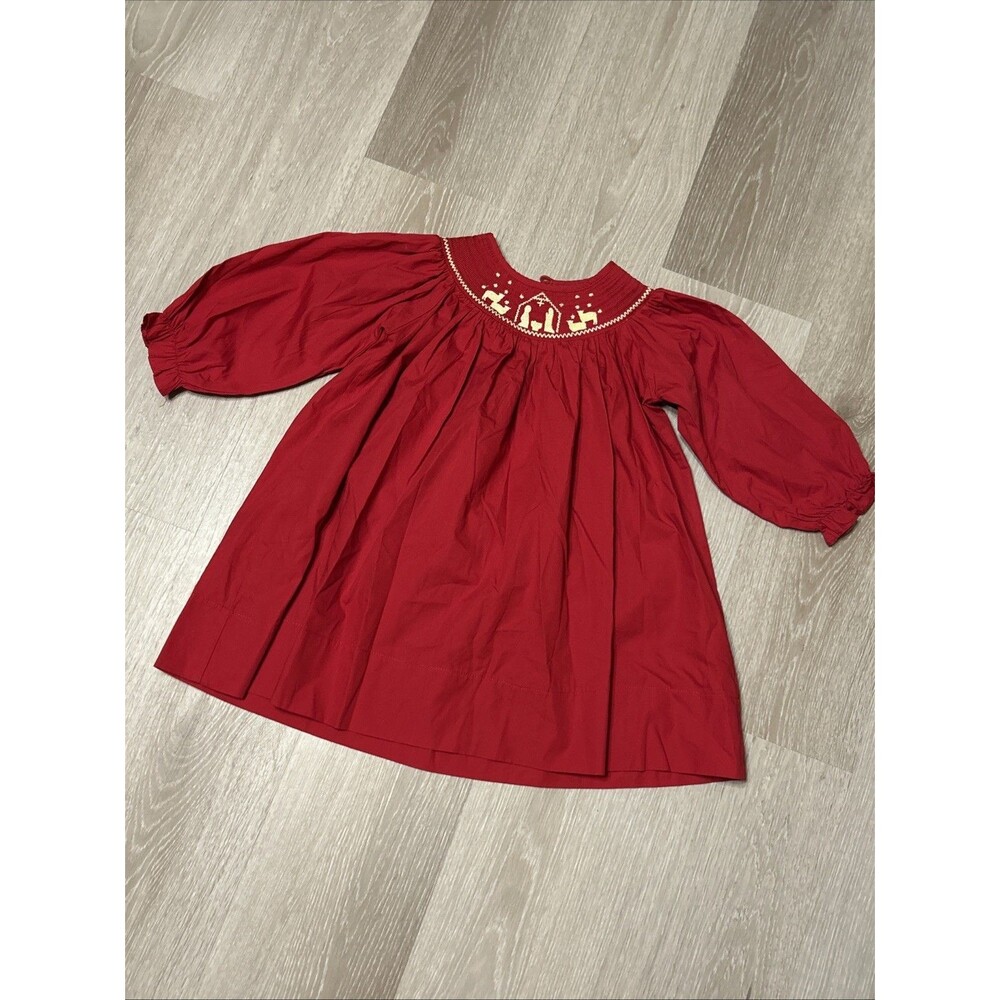 Lil Cactus Red Christmas Embroidered Nativity Smocked Neckline Dress Sz 3T